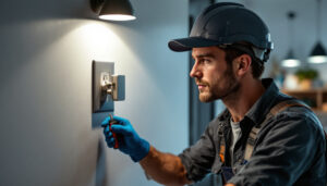 A photograph of a skilled lighting contractor installing or inspecting an electrical wall outlet in a modern residential setting