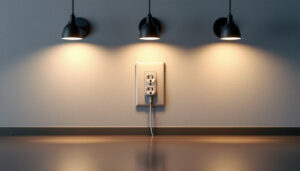 A photograph of a well-lit interior space showcasing a single electrical outlet prominently