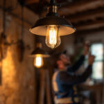 A photograph of a beautifully designed barn light fixture installed in a rustic setting