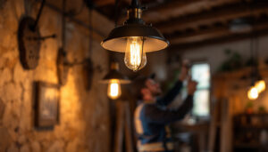 A photograph of a beautifully designed barn light fixture installed in a rustic setting