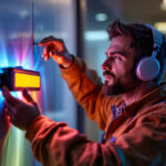 A photograph of a skilled lighting contractor in action