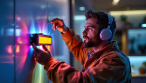 A photograph of a skilled lighting contractor in action
