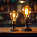 A photograph of a vintage edison-style gas lamp and an oil lamp side by side