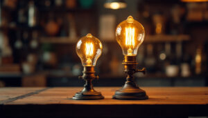 A photograph of a vintage edison-style gas lamp and an oil lamp side by side