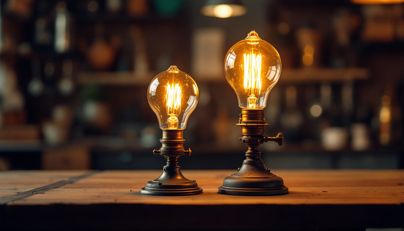 A photograph of a vintage edison-style gas lamp and an oil lamp side by side