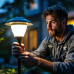 A photograph of a lighting contractor installing or showcasing a solar led lamp in a residential or commercial outdoor setting
