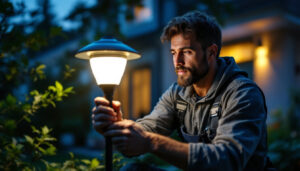 A photograph of a lighting contractor installing or showcasing a solar led lamp in a residential or commercial outdoor setting