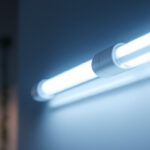 A photograph of a t8 pin base led tube light in a modern lighting setting