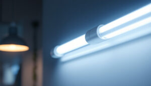 A photograph of a t8 pin base led tube light in a modern lighting setting