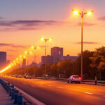 A photograph of a well-lit urban street scene at dusk