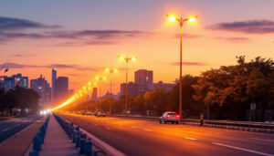 A photograph of a well-lit urban street scene at dusk