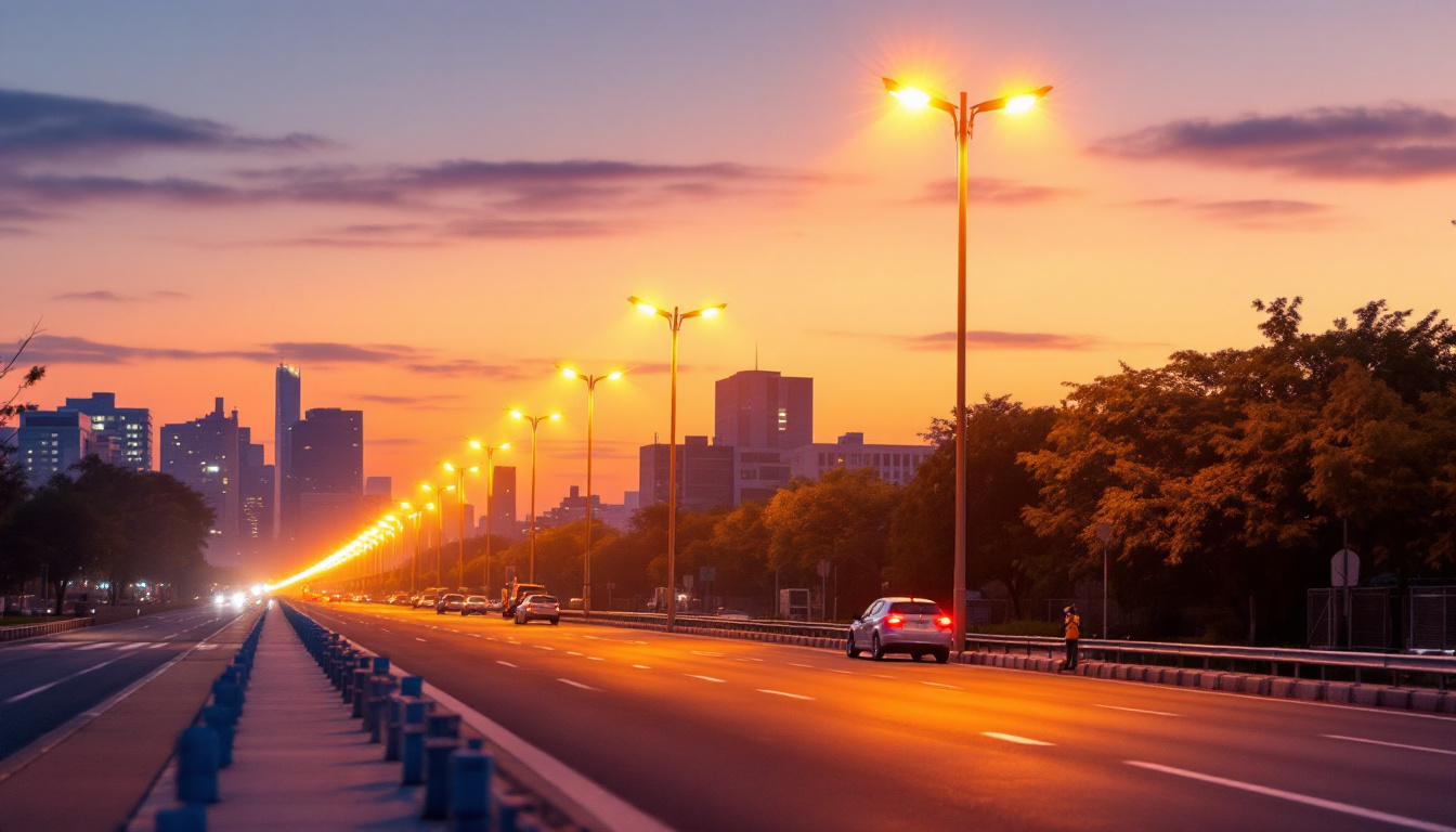 A photograph of a well-lit urban street scene at dusk