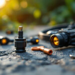 A photograph of a close-up shot of high-quality waterproof outdoor wire connectors in a natural outdoor setting