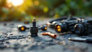 A photograph of a close-up shot of high-quality waterproof outdoor wire connectors in a natural outdoor setting