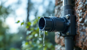 A photograph of a close-up of a waterproof outside wire connector installed in a natural outdoor setting