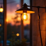 A photograph of a beautifully designed lamp illuminating a cozy indoor space at dusk