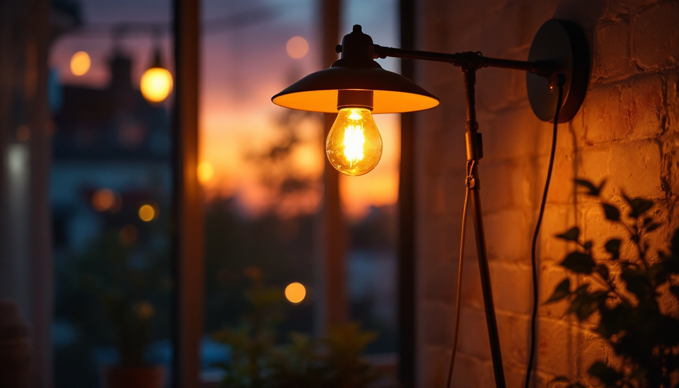 A photograph of a beautifully designed lamp illuminating a cozy indoor space at dusk