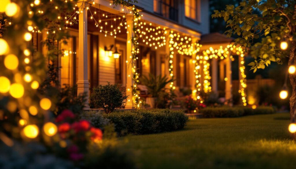 A photograph of a beautifully illuminated outdoor space featuring various styles of led lights adorning a house