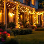 A photograph of a beautifully illuminated outdoor space featuring various styles of led lights adorning a house
