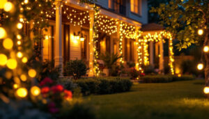 A photograph of a beautifully illuminated outdoor space featuring various styles of led lights adorning a house