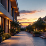 A photograph of a beautifully illuminated outdoor space transitioning from dusk to dawn