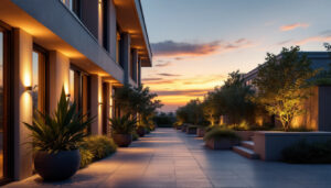 A photograph of a beautifully illuminated outdoor space transitioning from dusk to dawn