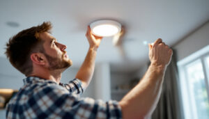 A photograph of a skilled lighting contractor installing a recessed light fixture in a modern home setting