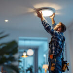 A photograph of a skilled lighting contractor retrofitting recessed lights with led fixtures in a modern home