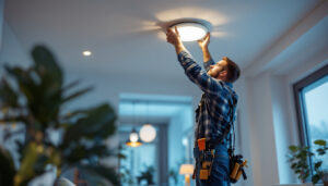 A photograph of a skilled lighting contractor retrofitting recessed lights with led fixtures in a modern home