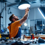 A photograph of a lighting contractor expertly installing or adjusting high-quality lighting fixtures in a well-lit workspace