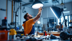 A photograph of a lighting contractor expertly installing or adjusting high-quality lighting fixtures in a well-lit workspace