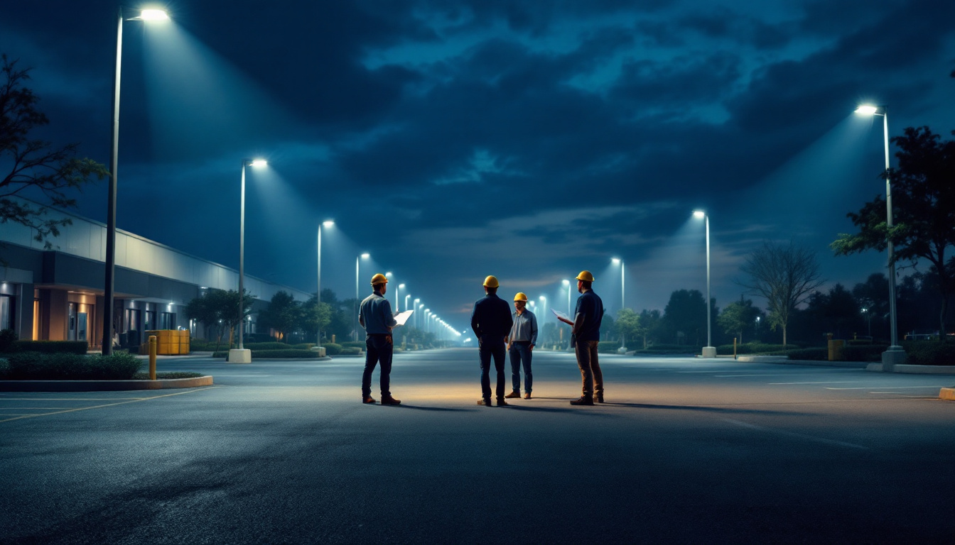 A photograph of a well-lit parking lot at dusk
