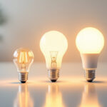 A photograph of a side-by-side comparison of fluorescent and led light bulbs on a clean