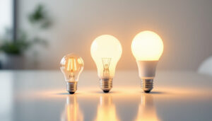 A photograph of a side-by-side comparison of fluorescent and led light bulbs on a clean