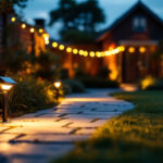 A photograph of a well-lit outdoor space featuring solar-powered flood lights in action