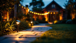 A photograph of a well-lit outdoor space featuring solar-powered flood lights in action