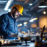 A photograph of a lighting contractor actively engaged in a dynamic workspace