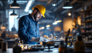 A photograph of a lighting contractor actively engaged in a dynamic workspace