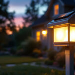 A photograph of a beautifully illuminated solar mailbox light installed in a charming residential setting during twilight