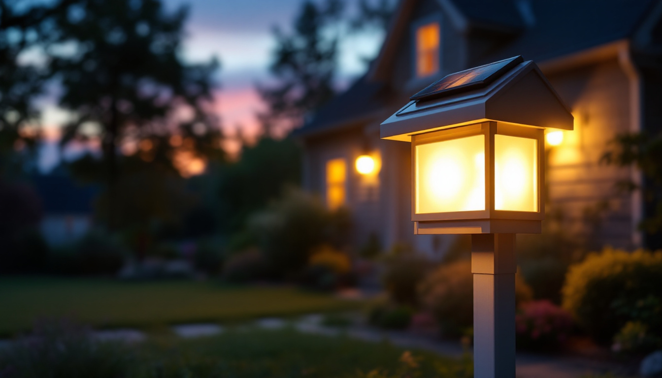 A photograph of a beautifully illuminated solar mailbox light installed in a charming residential setting during twilight