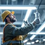 A photograph of a skilled lighting contractor installing or adjusting a t8 ballast in a modern commercial setting