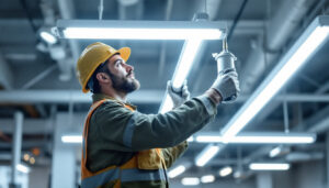 A photograph of a skilled lighting contractor installing or adjusting a t8 ballast in a modern commercial setting