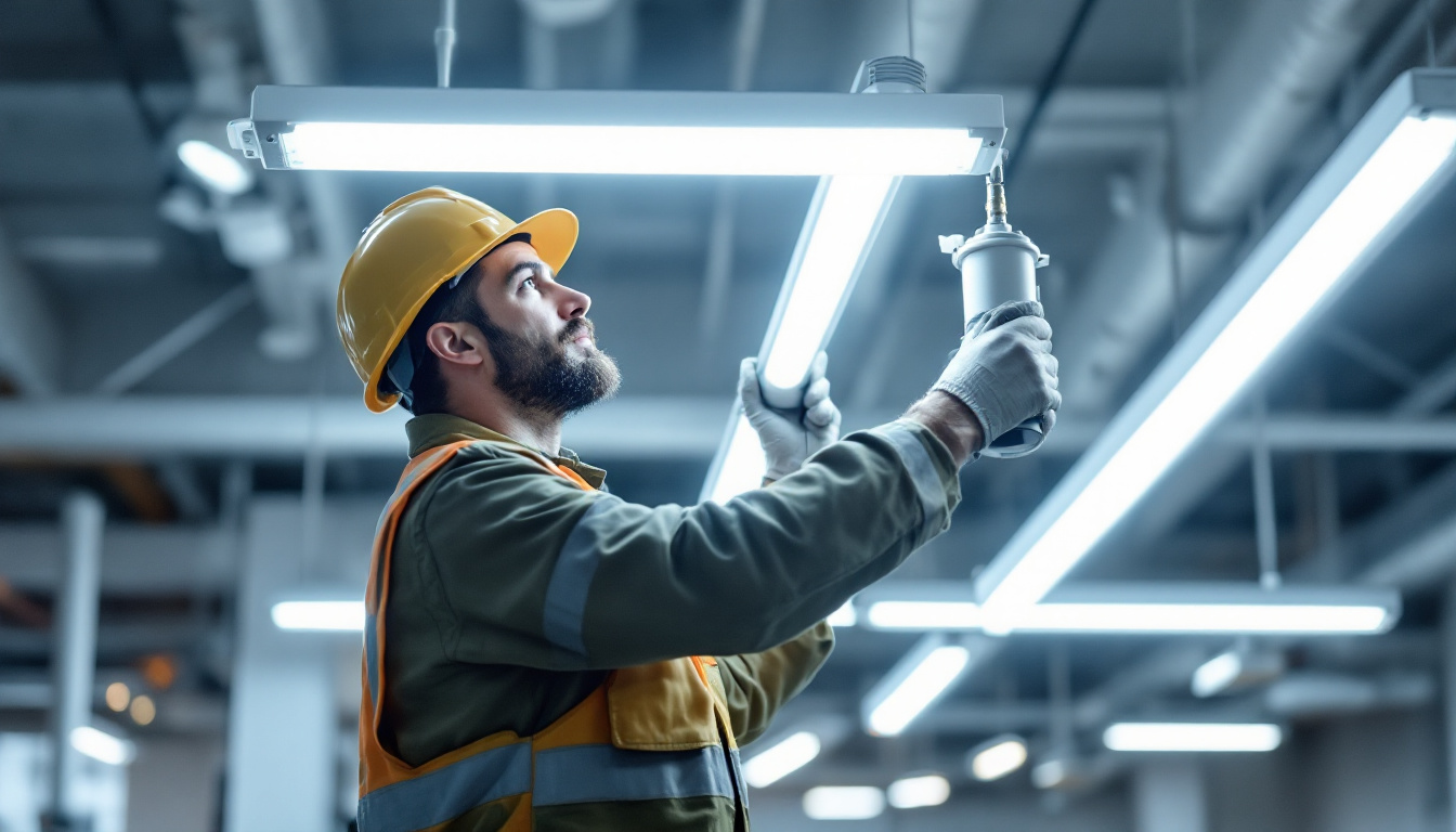 A photograph of a skilled lighting contractor installing or adjusting a t8 ballast in a modern commercial setting