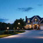 A photograph of a beautifully illuminated driveway featuring stylish solar light posts