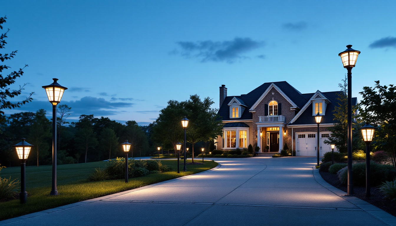 A photograph of a beautifully illuminated driveway featuring stylish solar light posts