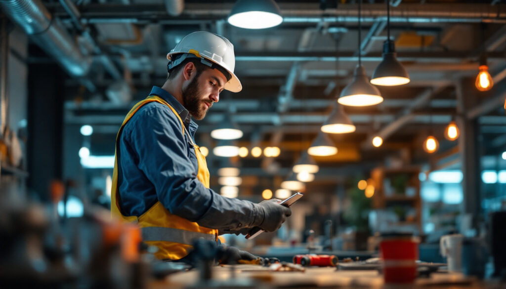 A photograph of a lighting contractor at work