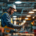 A photograph of a lighting contractor at work