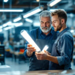 A photograph of a lighting contractor examining t8 and g13 fluorescent tubes side by side