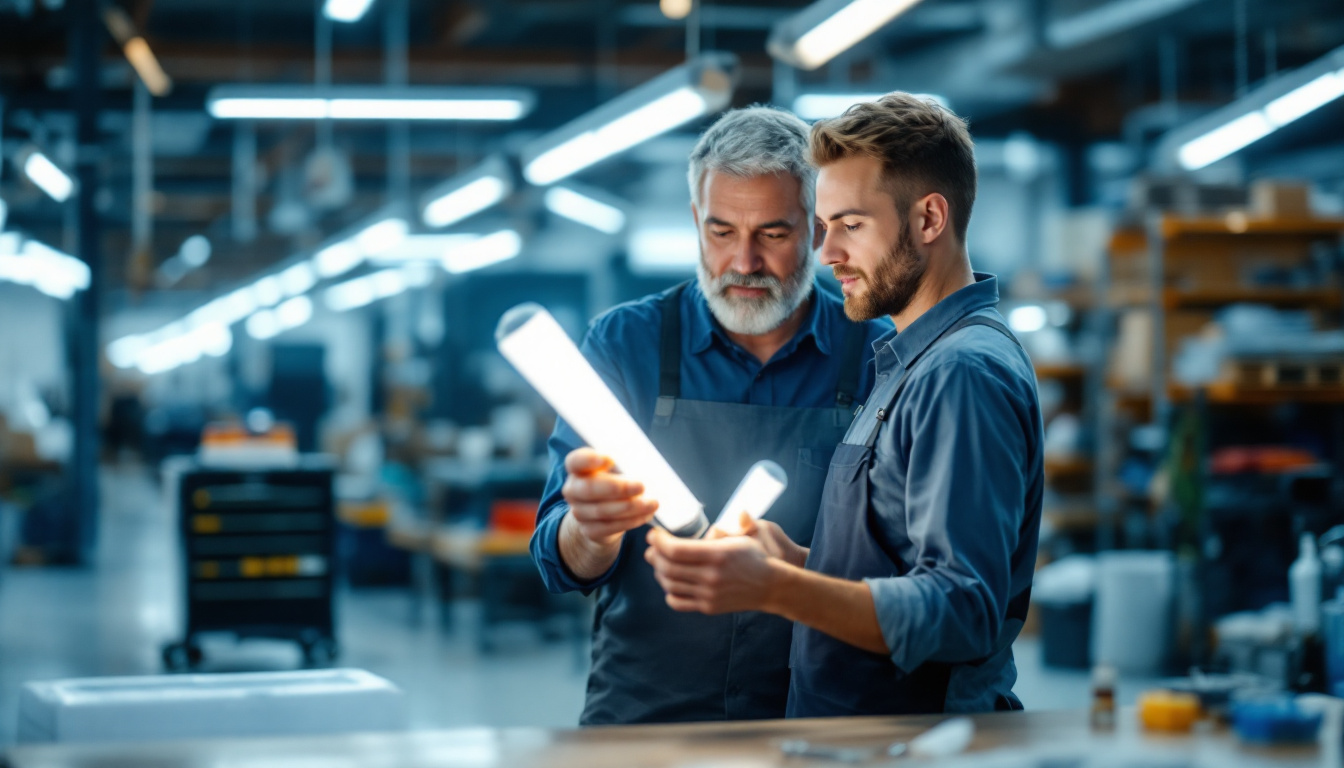 A photograph of a lighting contractor examining t8 and g13 fluorescent tubes side by side