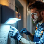 A photograph of a professional lighting contractor installing a sleek led motion sensor light in an outdoor setting